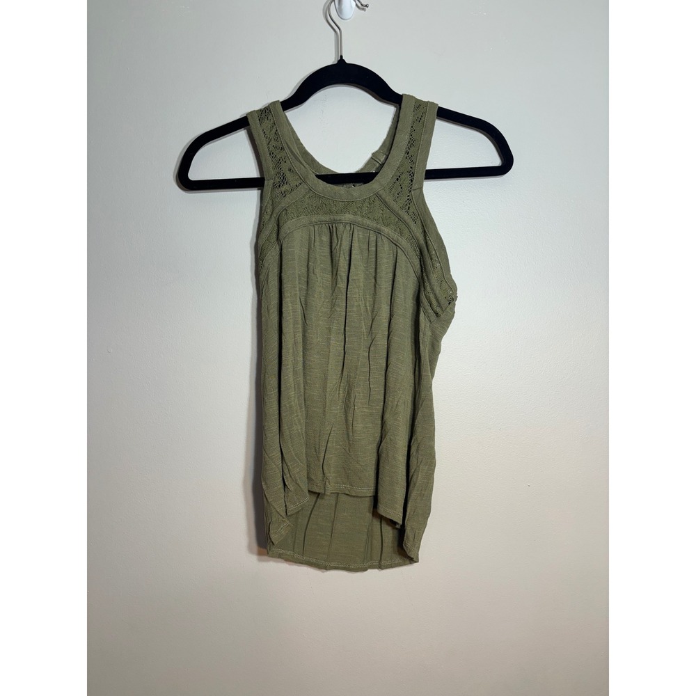 Xhilaration Olive Green Crochet Lace Trim High Neck Tank Top Boho Keyhole Back S